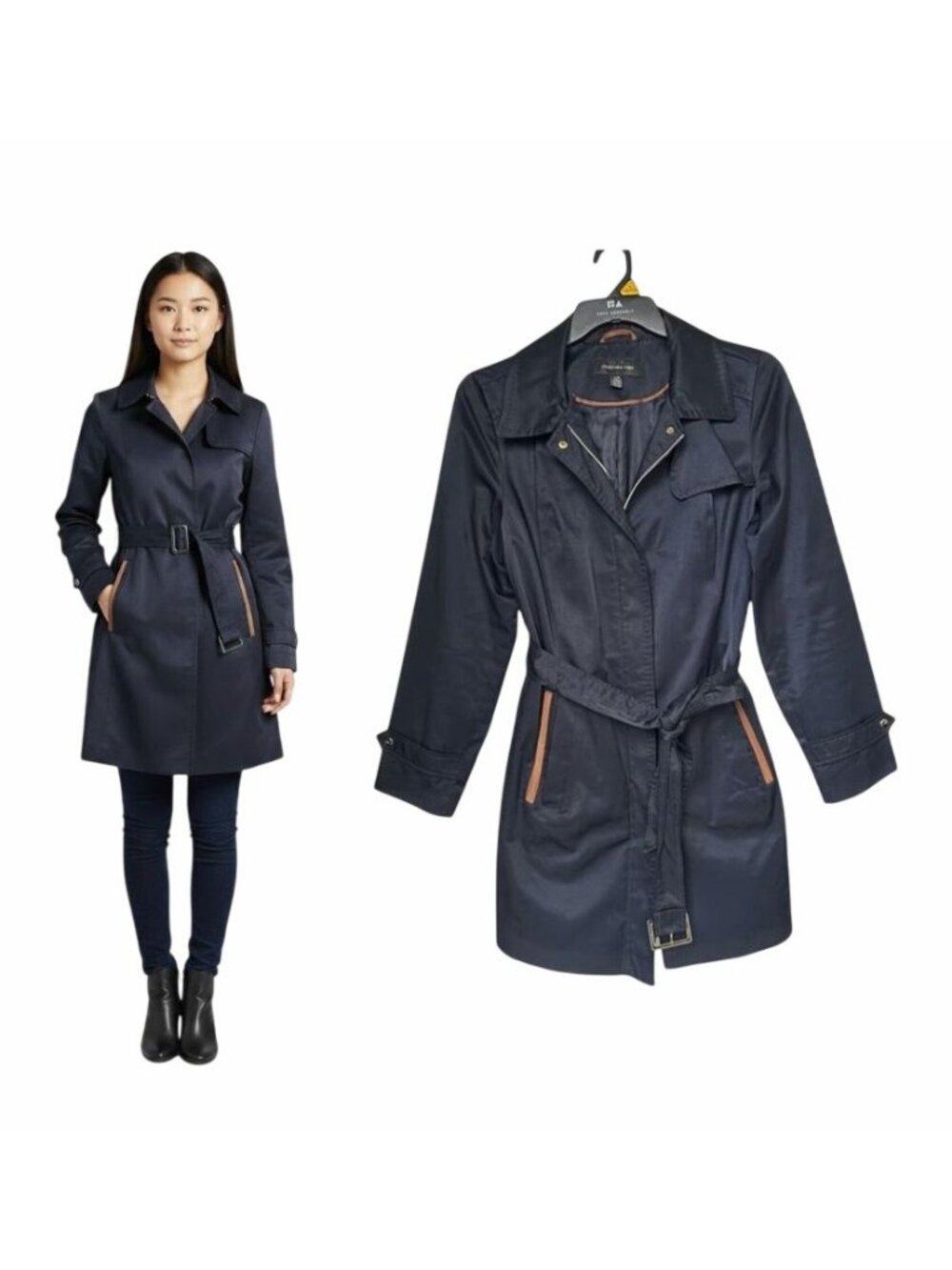 ⭐Jones New York Womens Navy Blue Mid Length Belted Trench Coat Jacket Sz M Satin